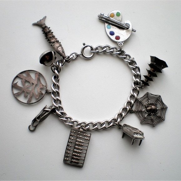 Antique Vintage Sterling Silver Abacas Fish Piano Spider Pagoda Charm Bracelet
